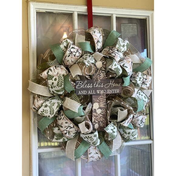 Bless this Home Wood Cross Sign & Ribbon Bundle Set, DIY Wreath Making Kit Box - Picture 5 of 6